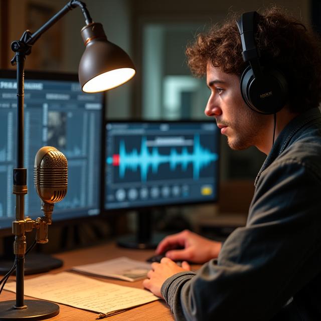 Studio de production podcast historique avec équipement immersif
